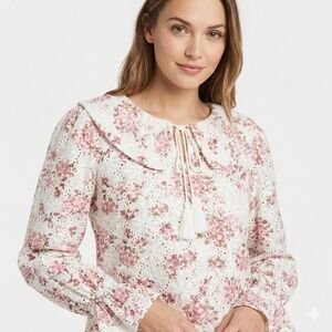 SOLITAIRE Cotton White Eyelet Pink Floral Peter Pan Collar Top Bell Sleeves NWT